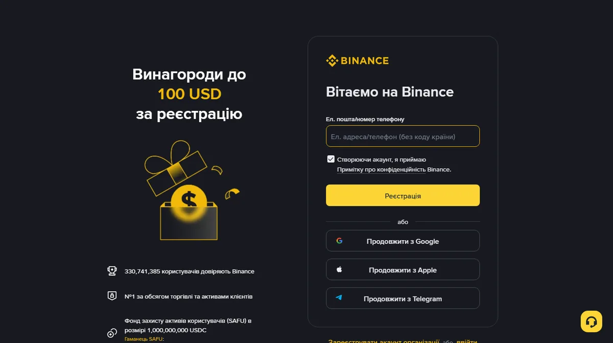 Сторінка реєстрації Binance українською: одне поле для електронної пошти або телефону, кнопка «Реєстрація» та варіанти входу через Google, Apple і Telegram